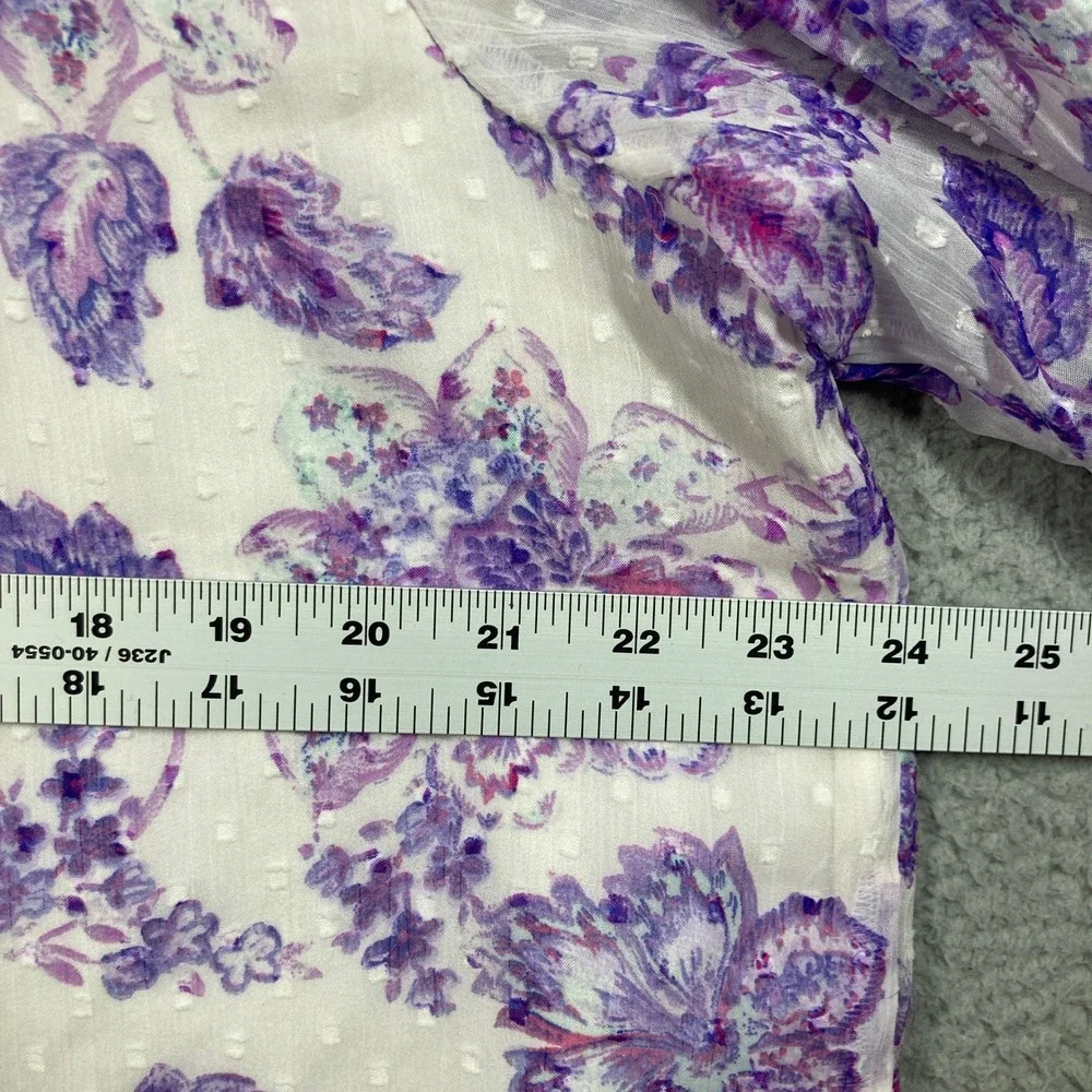 LOFT Blouse Women XL White Purple Floral Smocked Mock Neck Clip Dot Puff Sleeve